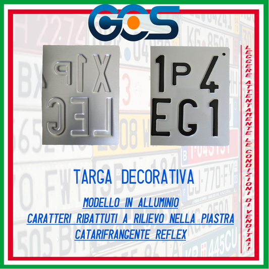 TARGA AUTO PROVA A RILIEVO IN ALLUMINIO  misura 16,5x16,5 cm. con lettere e numeri a rilievo personalizzata su richiesta